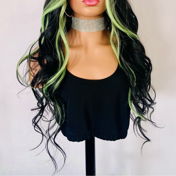 A Gorgeous Black/Green Premium Fiber Lace Front Wig for Daily Wear or Costumes - Picture 2 of 16